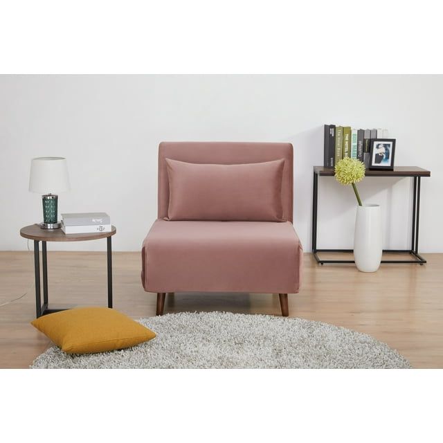 Blush Pink Velvet Convertible Chair with Wood Accents, 35.4"x32"