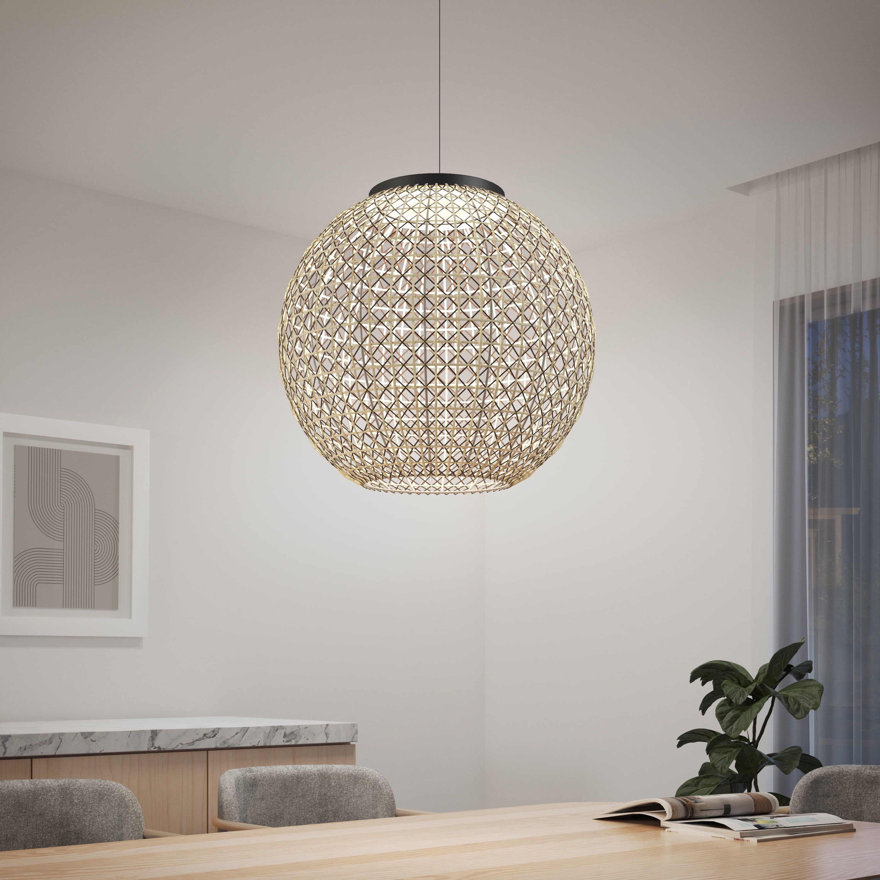 Benson Black and Rattan LED Pendant Light with Adjustable CCT