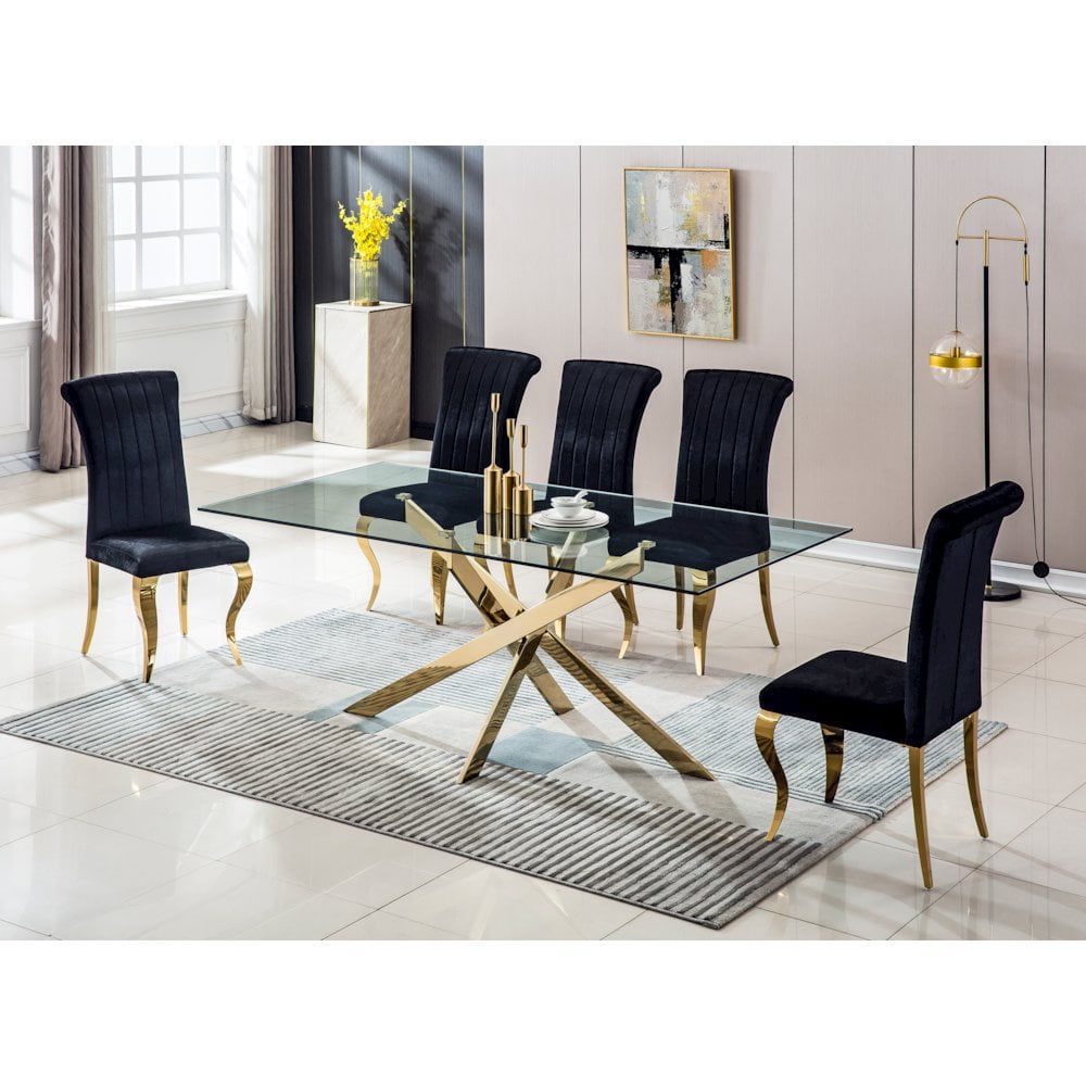 Gold Mirrored Finish Rectangular Glass Dining Table