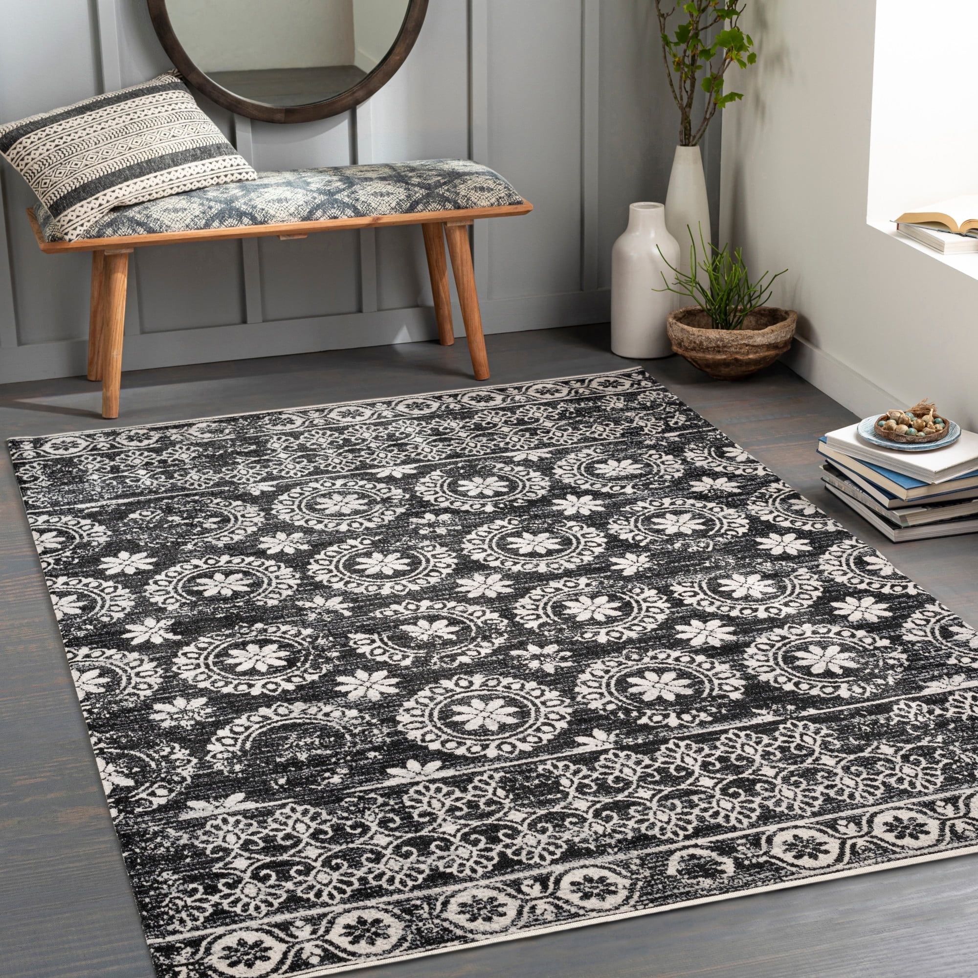 Serene Mandala Black Synthetic 5'3" x 7' Easy-Care Rug