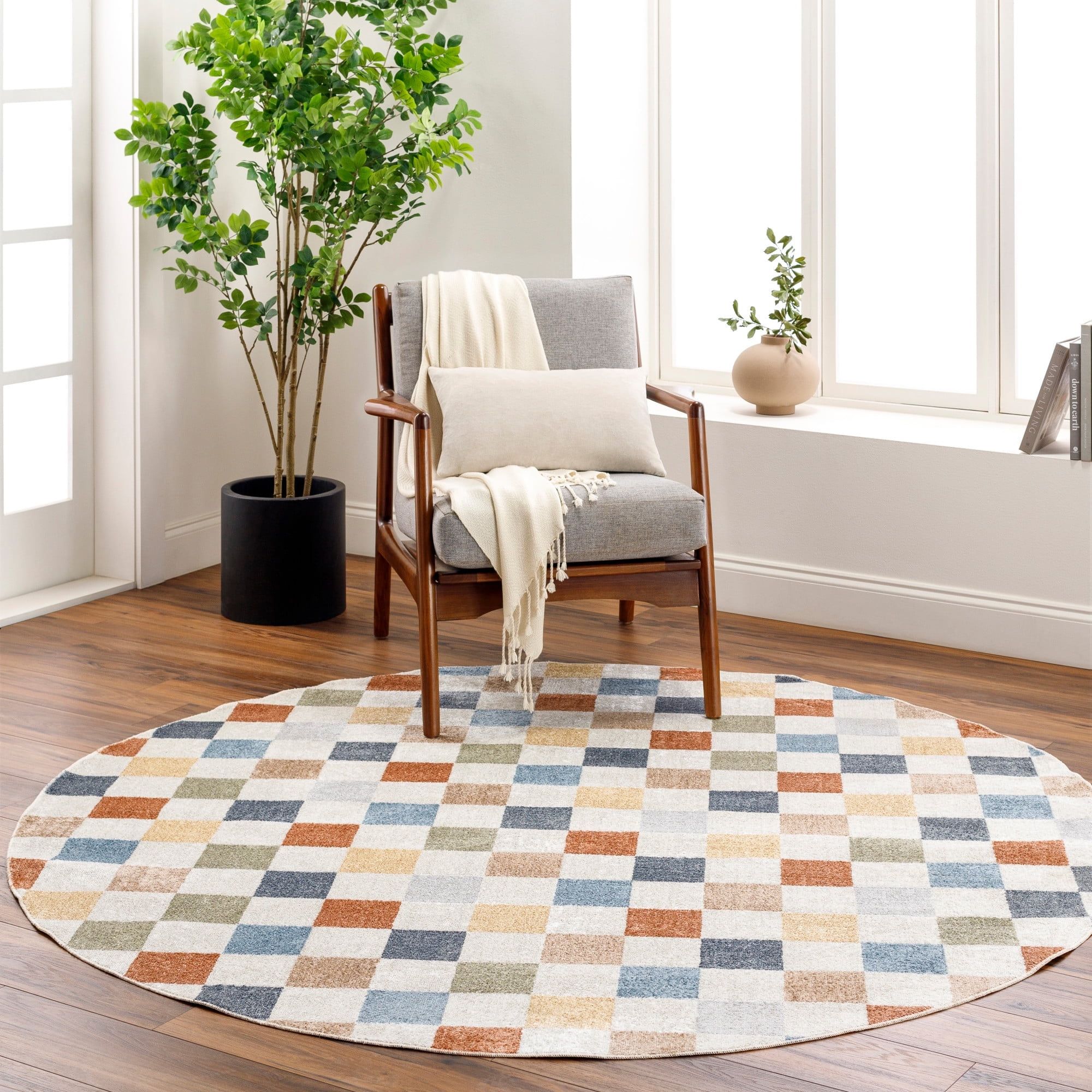 Lillian Blue and Multicolor Checkered Polyester Area Rug