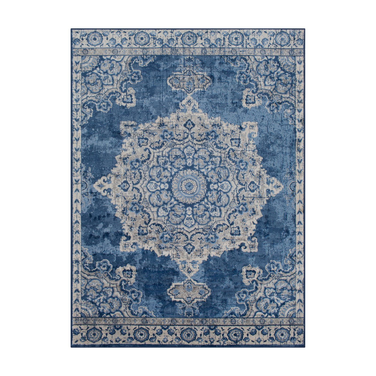 Navy and Gray Floral Medallion Synthetic Area Rug