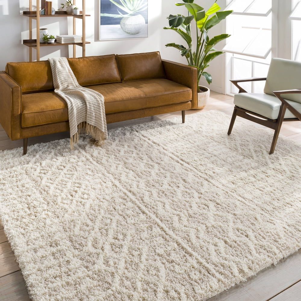 Beige Moroccan Shag Area Rug with High-Low Texture