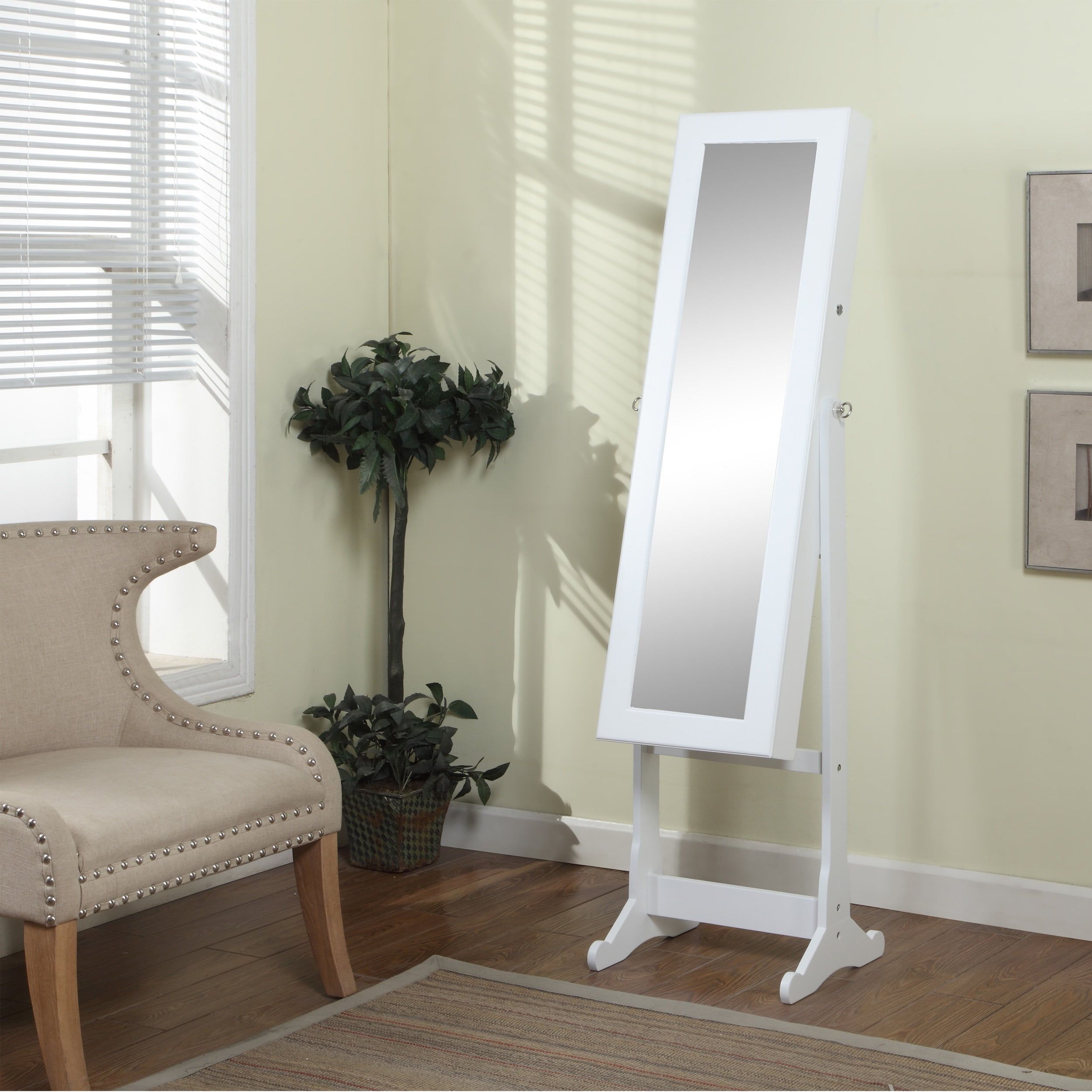 White Floor-Standing Mirror Jewelry Armoire with LED Light