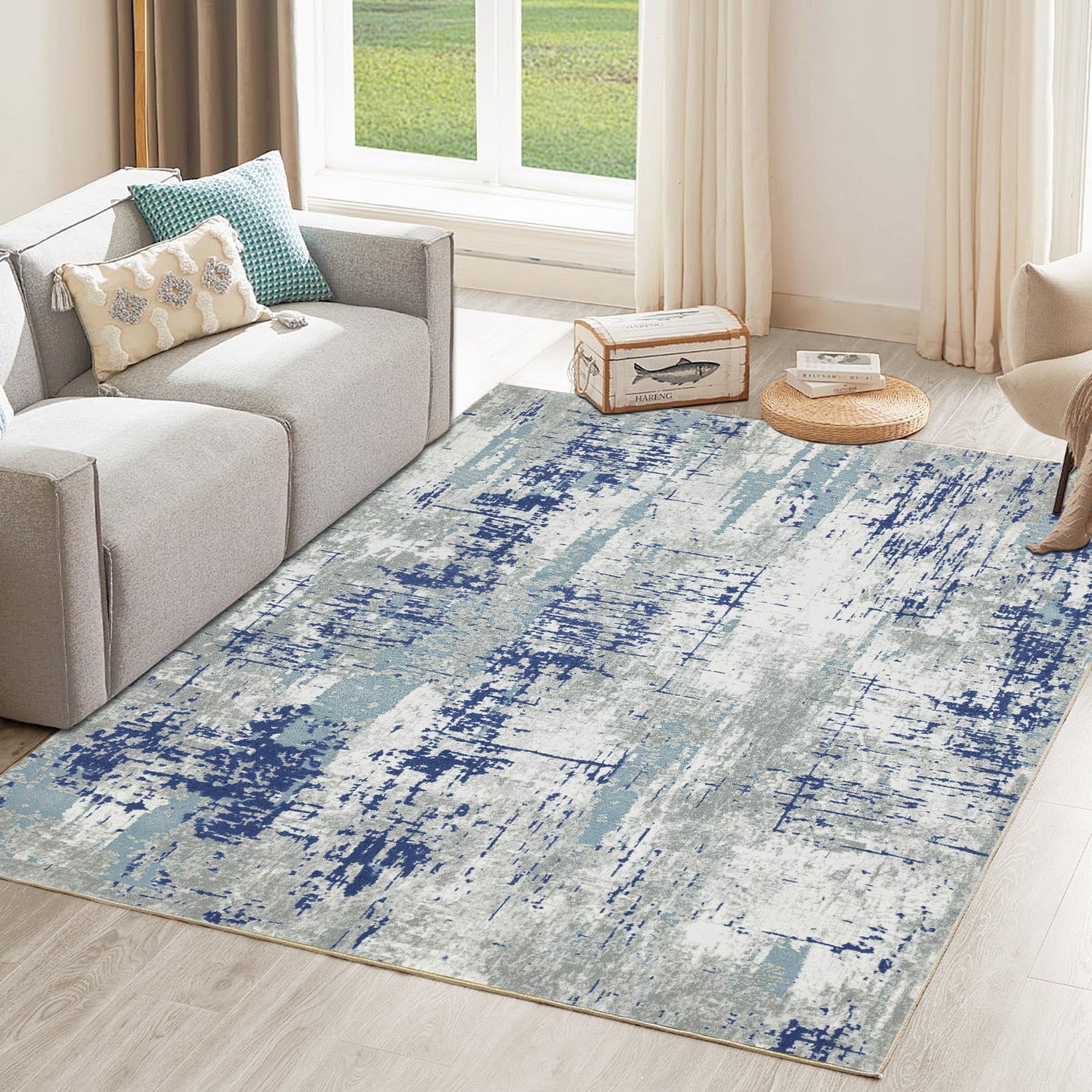 Blue Abstract 5' x 7' Washable Synthetic Area Rug