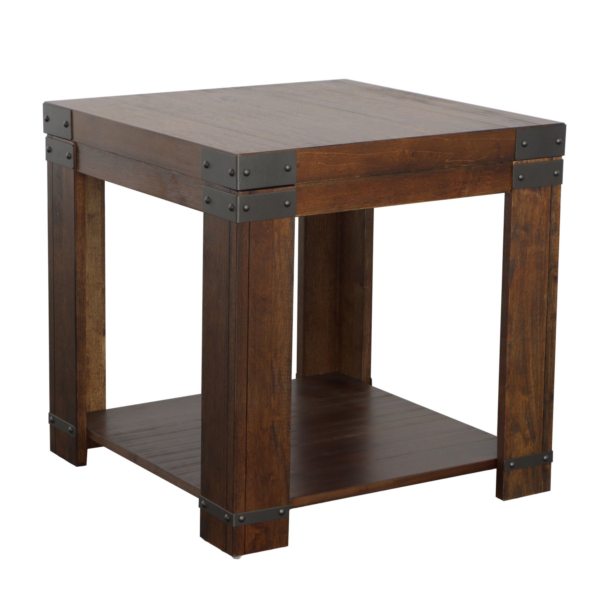 Medium Cherry Wood and Metal Square End Table with Storage