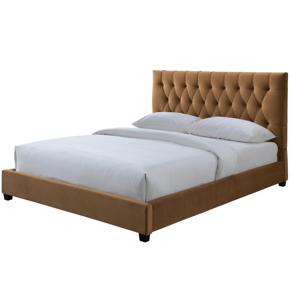 Elda Walnut Queen Platform Bed with Tufted Velvet Upholstery