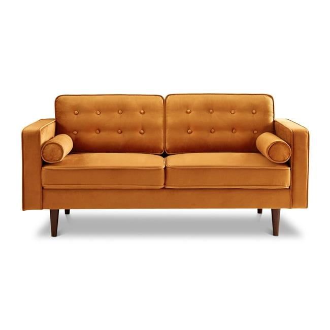 Casey 65'' Orange Velvet Loveseat with Walnut Legs