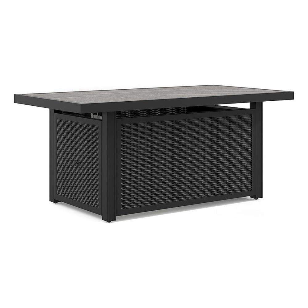 Black and Gray Rectangular Gas Fire Pit Table with Resin Wicker