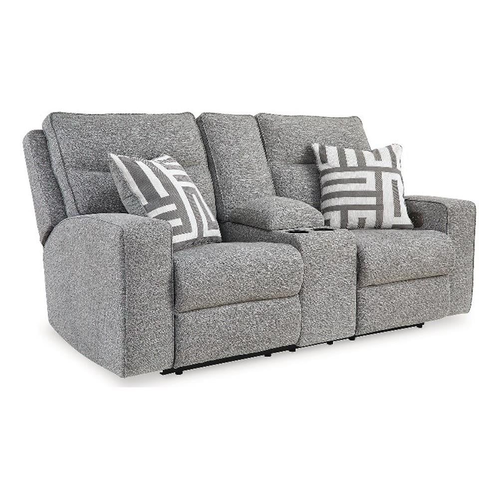 Gray Fabric Power Reclining Loveseat with Pillow-top Arm and Cup Holder