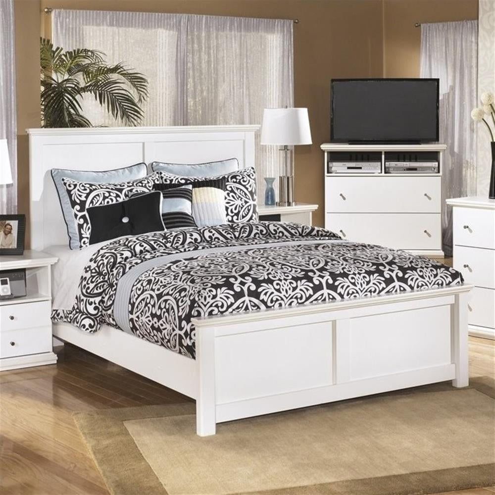 White Queen Wood Panel Bed with Headboard and Drawer