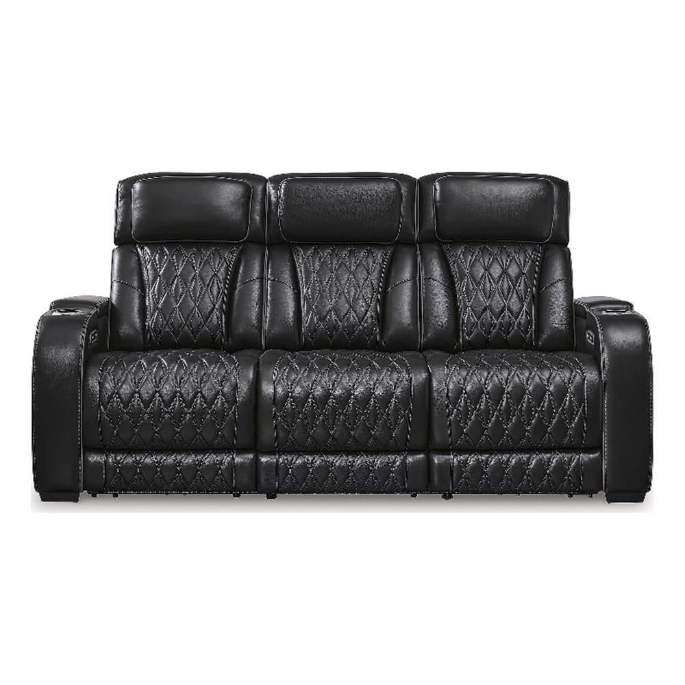 Black Leather Power Reclining Sofa with Cup Holder