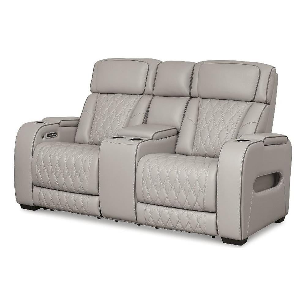 Signature Design by Ashley Boyington Contemporary Leather Match Power Reclining Loveseat with Console and USB Charging Ports, LED Lights and Adjustable Headrest, Light Gray