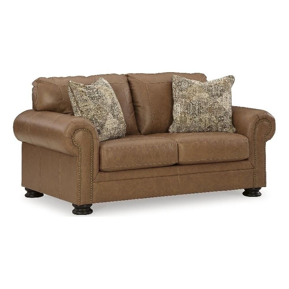 Brown Faux Leather Loveseat with Rolled Arms and Nailhead Trim