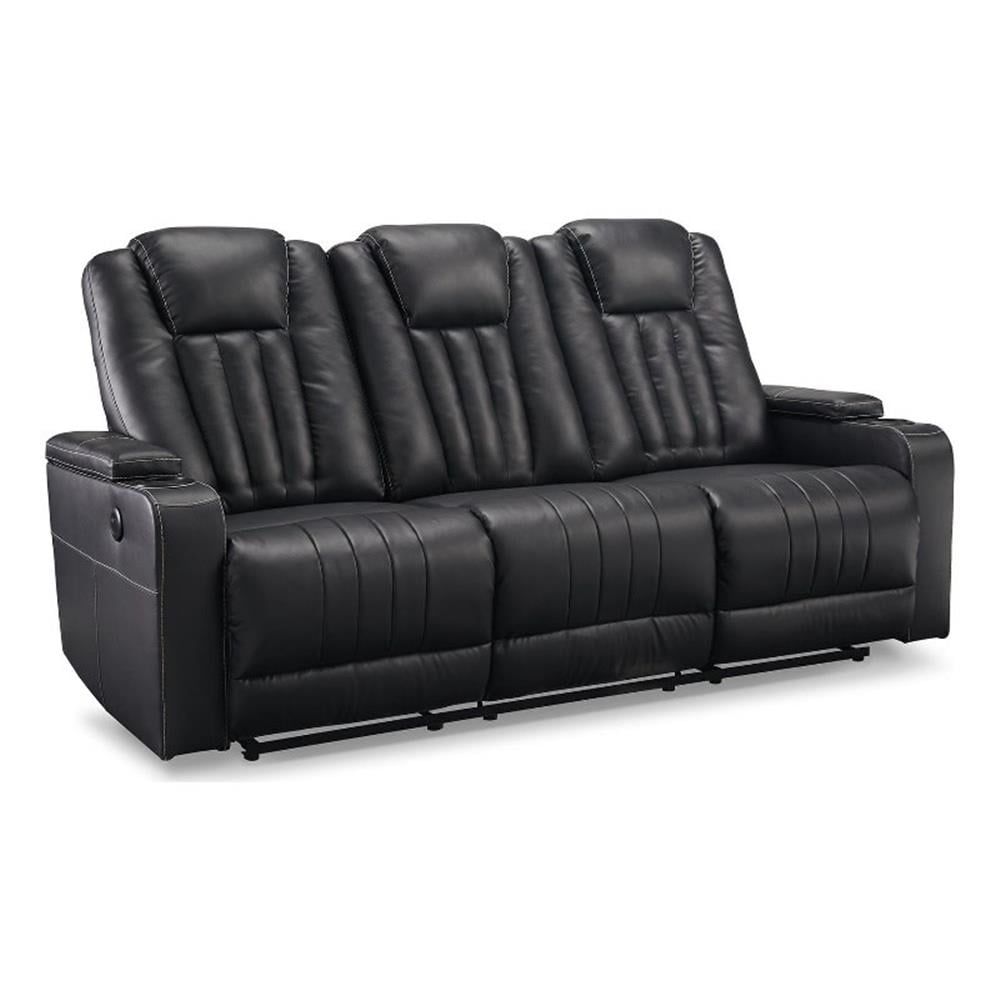 Black Faux Leather Manual Reclining Sofa with Cup Holder