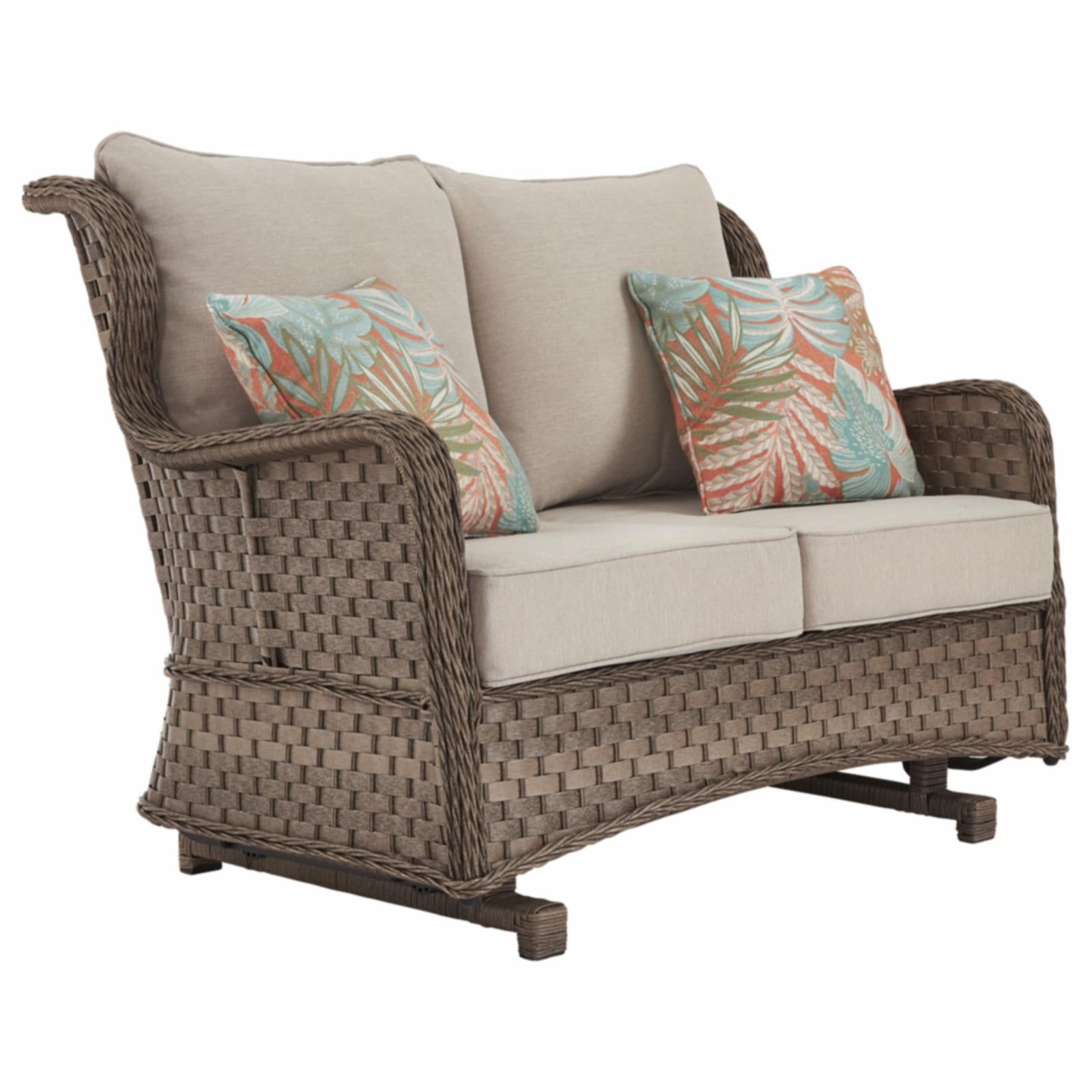 Beige Wicker and Plastic Outdoor Glider Loveseat with Cushions