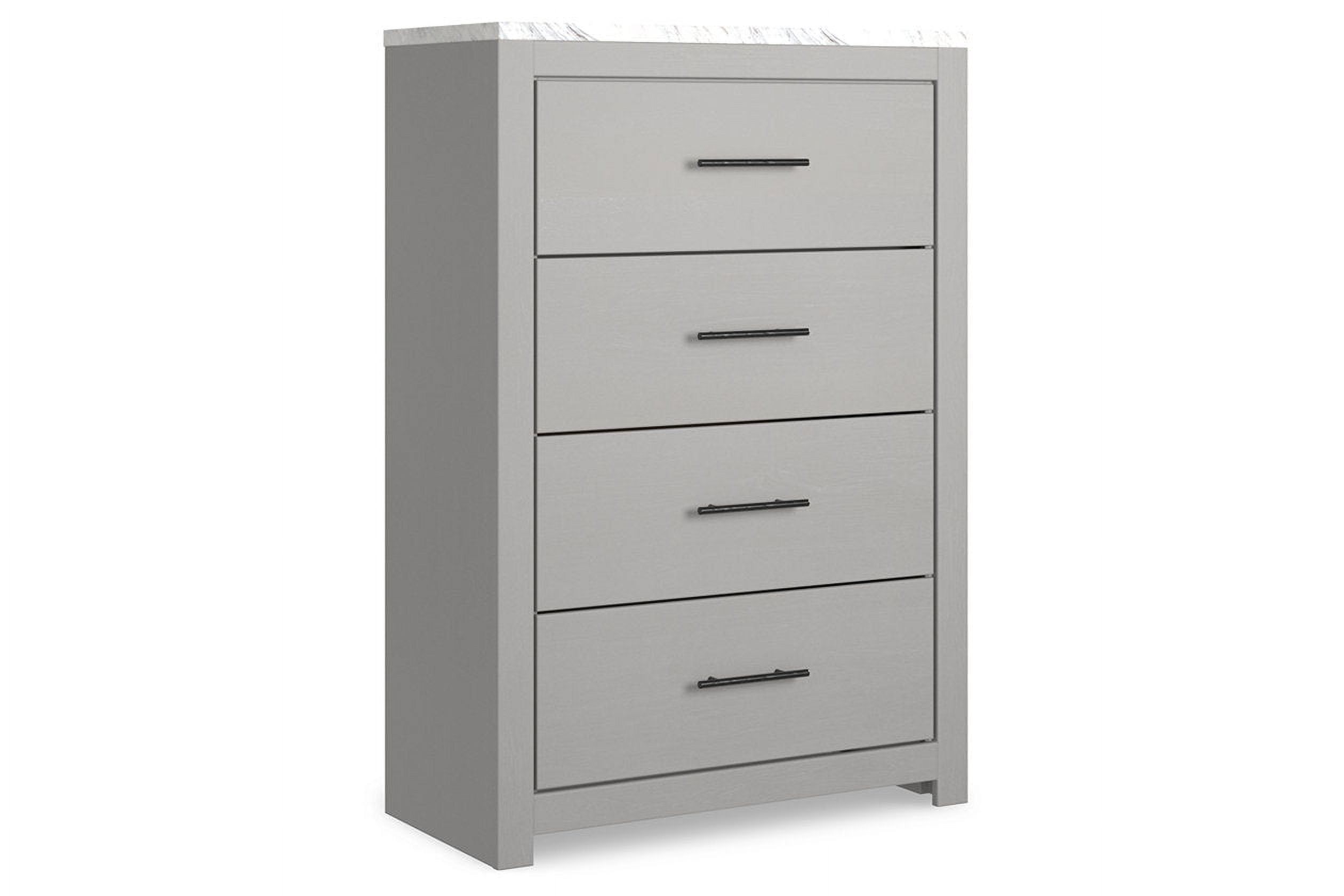 Gray and White Transitional Four Drawer Chest with Faux Marble Top