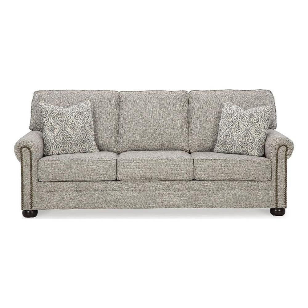 Beige Herringbone Nailhead Transitional Stationary Sofa with Removable Cushions