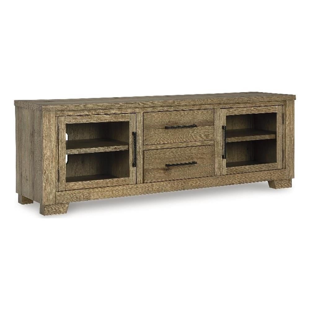 Light Brown Rustic Oak 80" TV Stand with Cabinets and Drawers