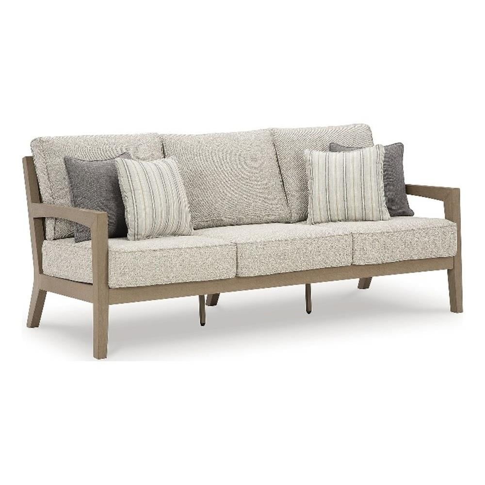 Beige Weatherwood Outdoor Sofa with Cushions and Pillows