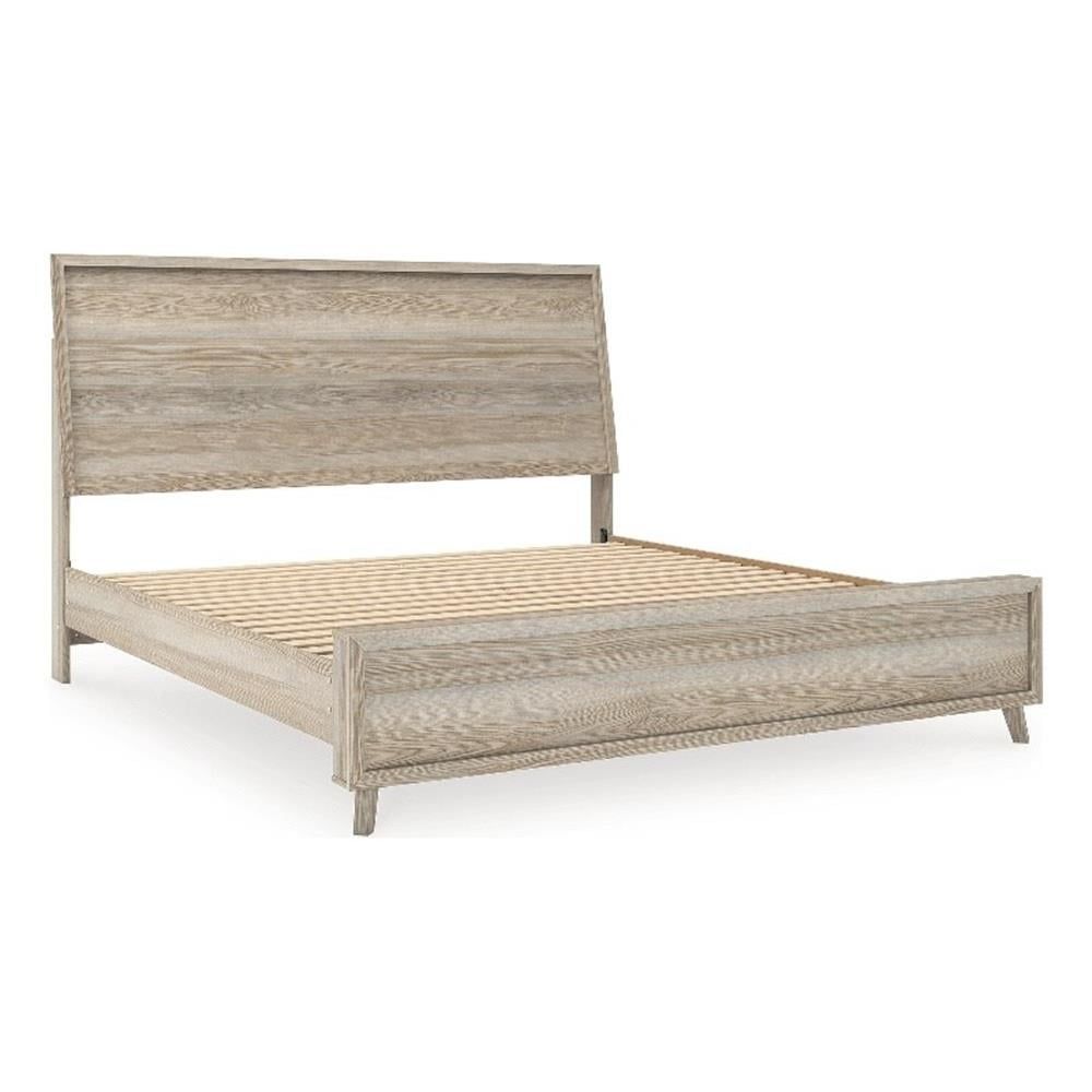 Beige King Upholstered Wood Panel Bed with Slats and Drawer