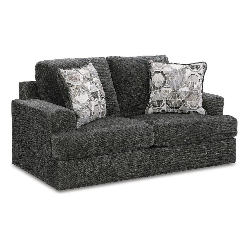 Smoke Gray Linen Stationary Loveseat with Track Arms