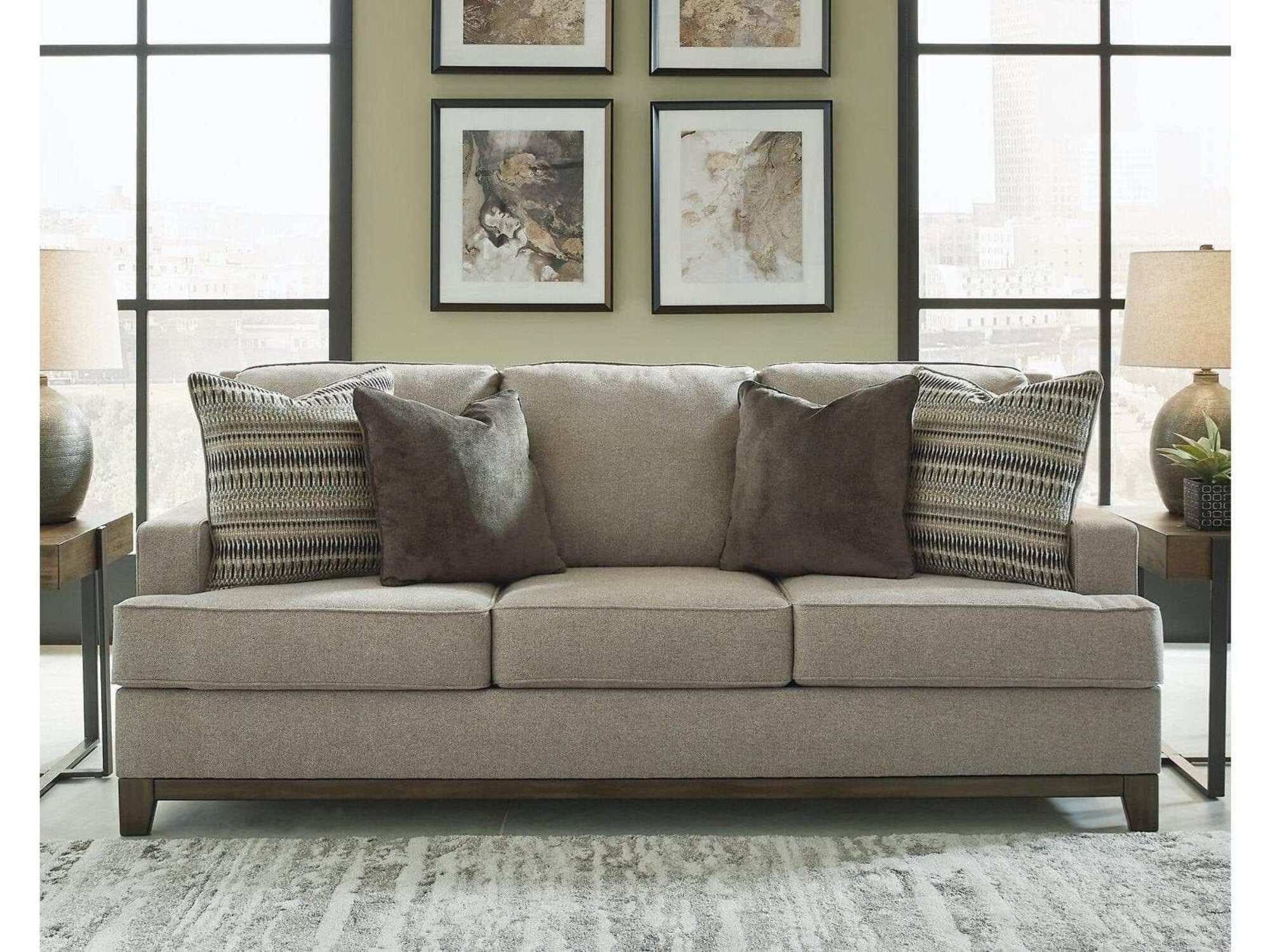 Beige Fabric Stationary Sofa with Track Arms and Cushions