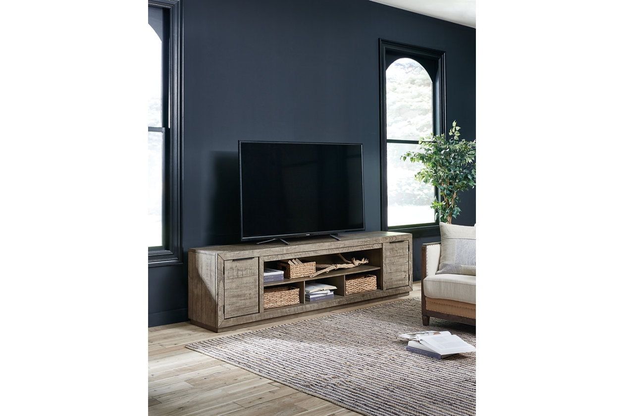 Krystanza 92" Weathered Gray Pine TV Stand with Fireplace