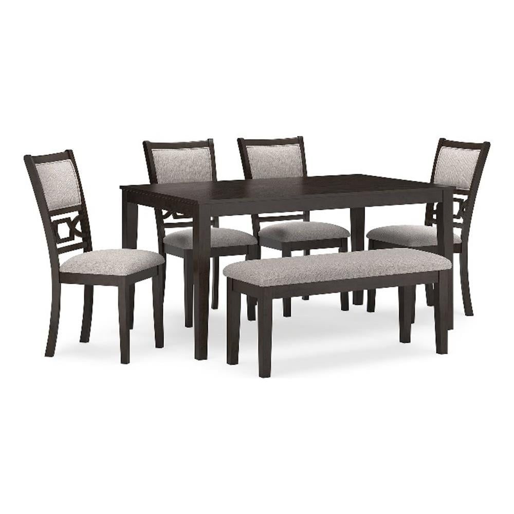 Langwest Dark Brown Dining Table with 4 Light Beige Upholstered Chairs and Bench