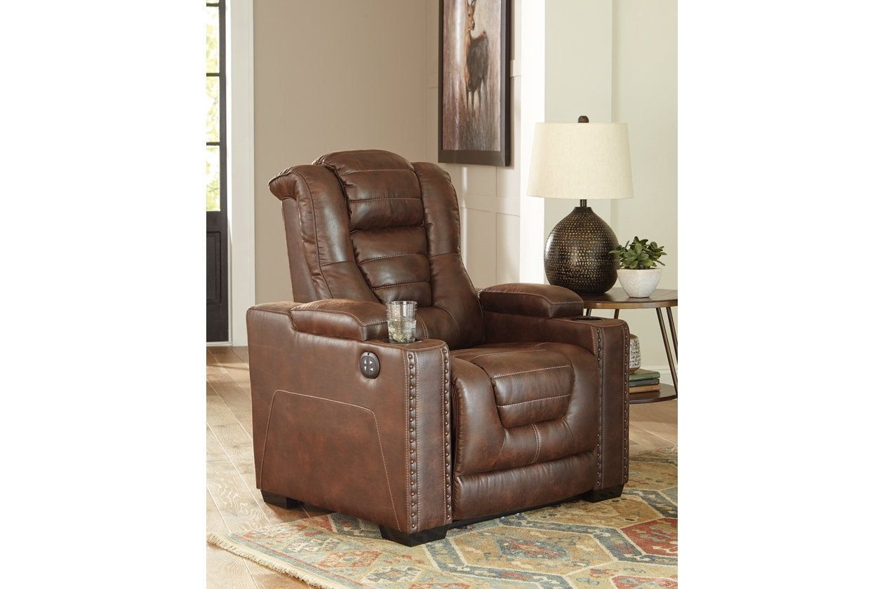 Transitional 38" Brown Faux Leather Power Recliner with Headrest