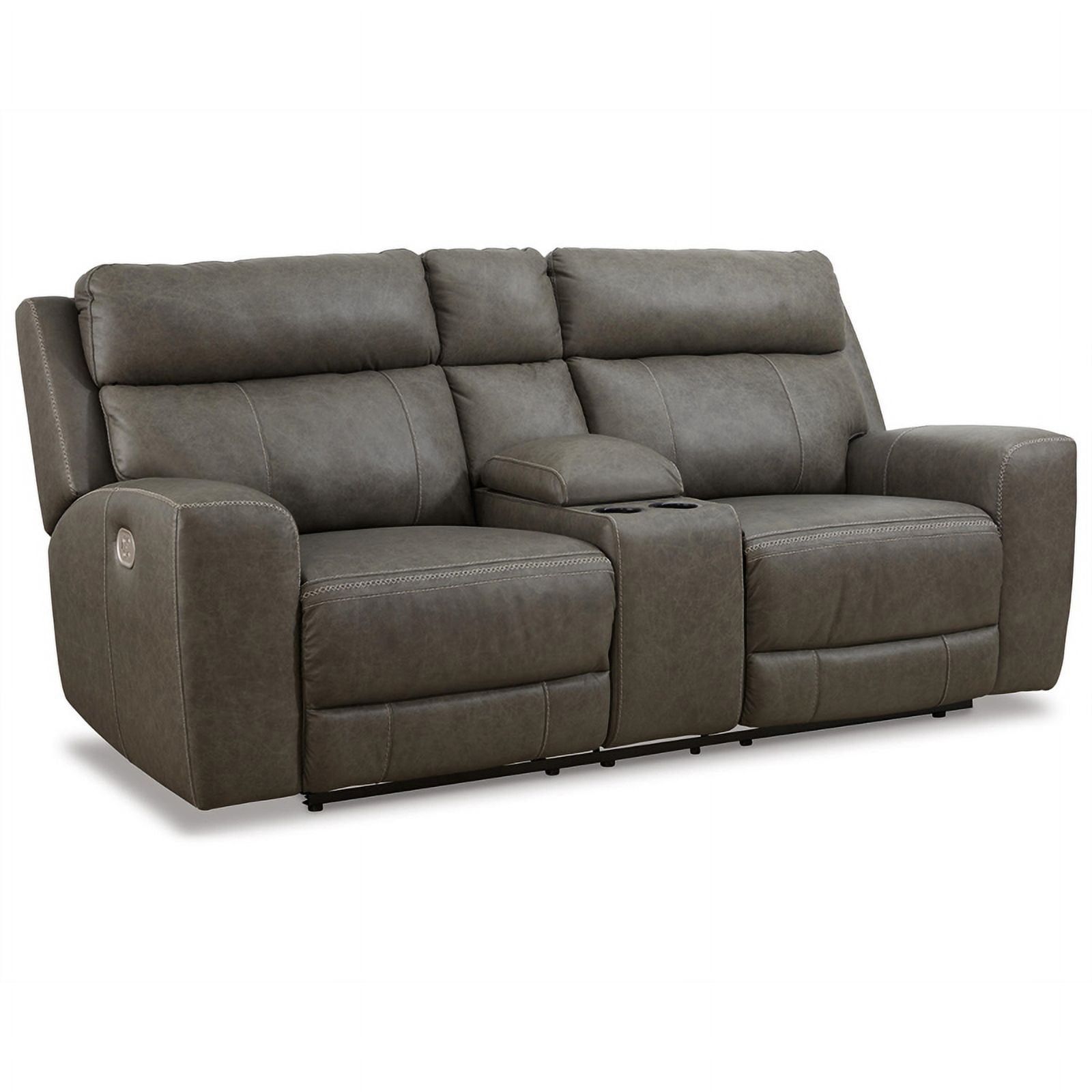 Contemporary Gray Faux Leather Power Reclining Loveseat with Cup Holder