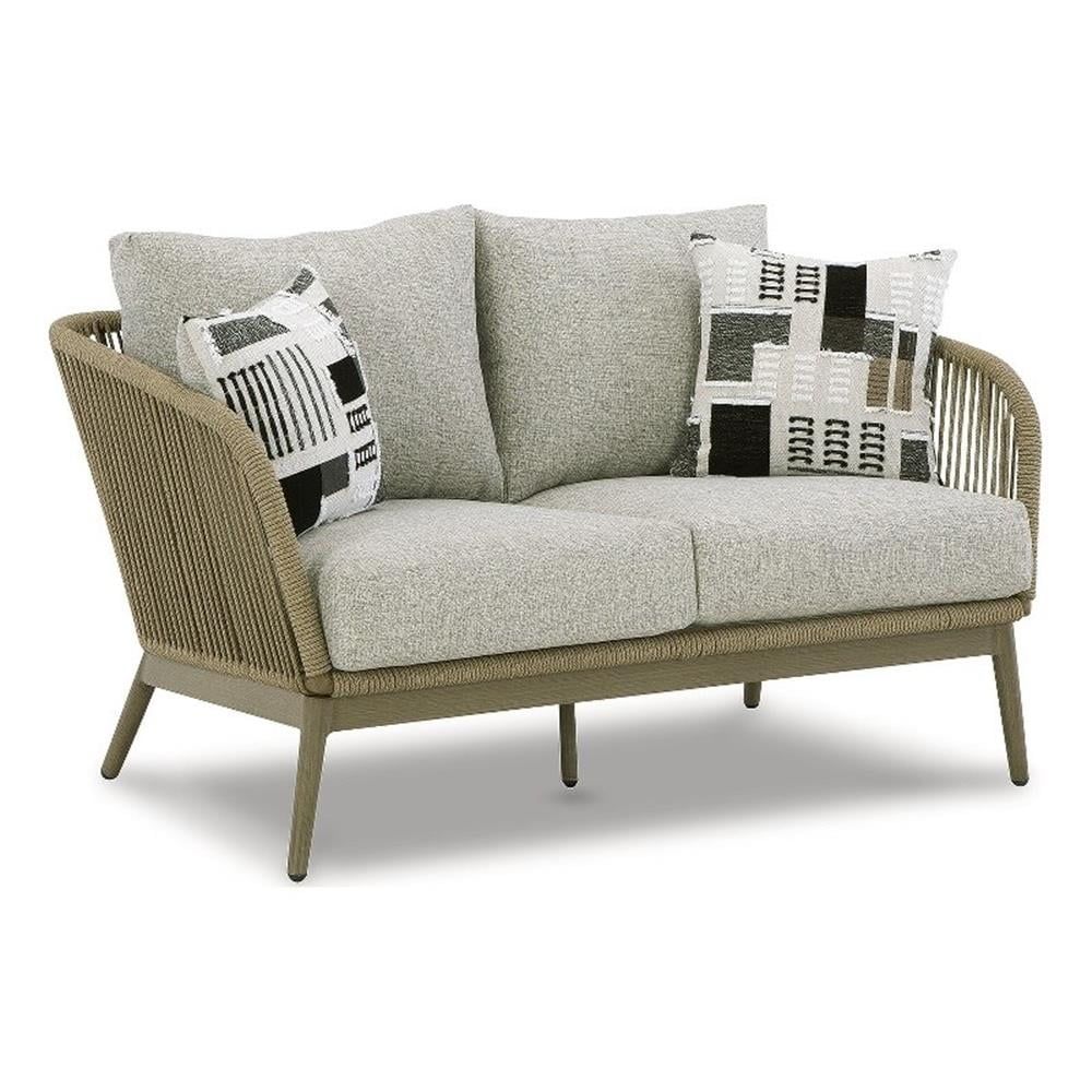 Beige Wicker and Wood Outdoor Loveseat with Cushions