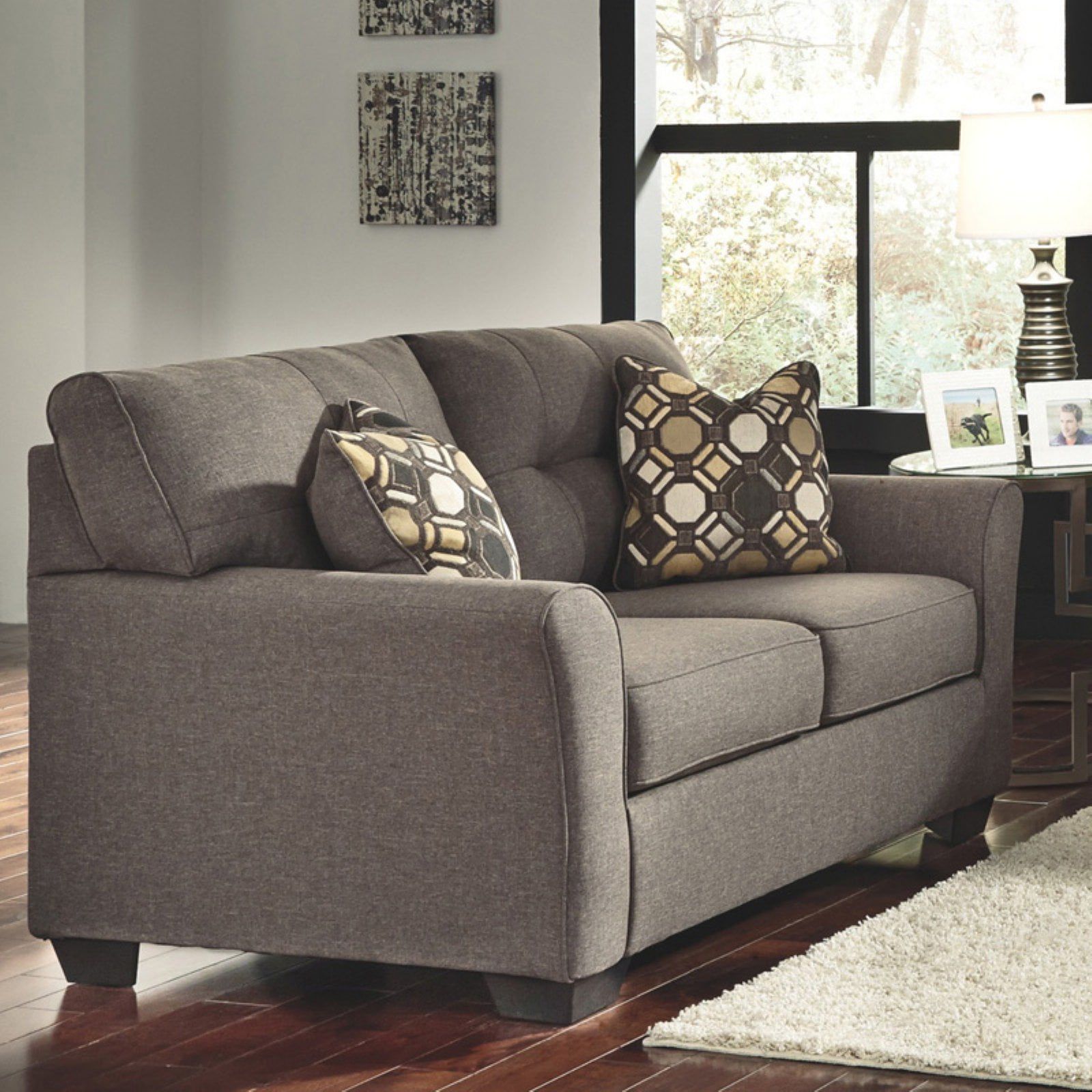 Slate Gray Tufted Fabric Loveseat with Flared Arms