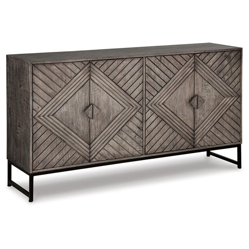 Distressed Gray Wood Accent Cabinet with Art Deco Doors