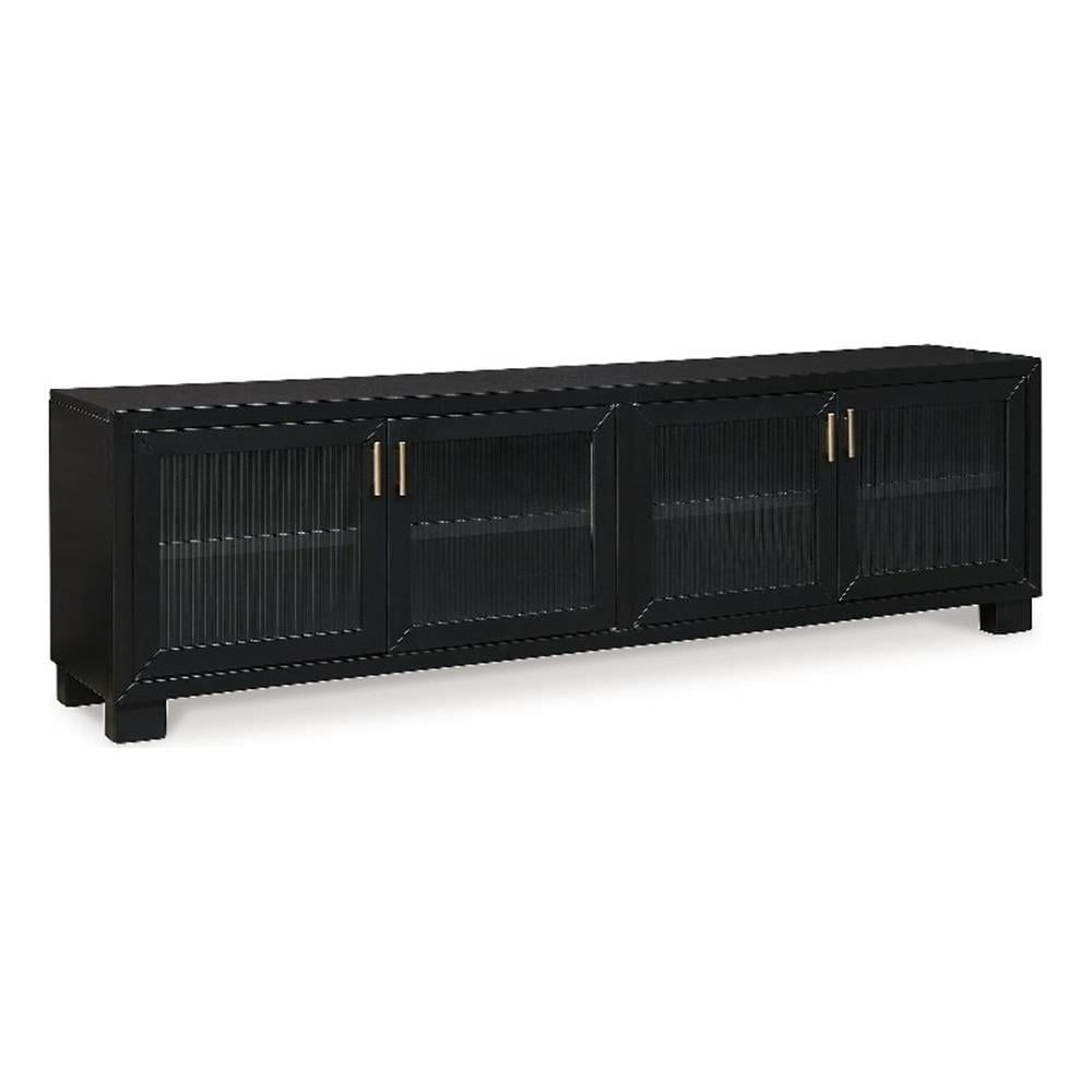 Winbardi Black 85" TV Stand with Glass Doors and Cabinets