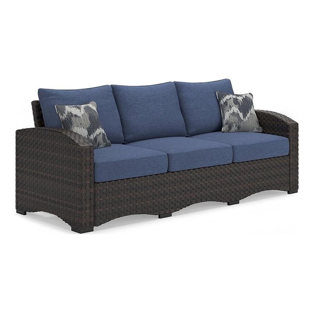 Windglow Blue and Brown Wicker Outdoor Sofa with Cushions