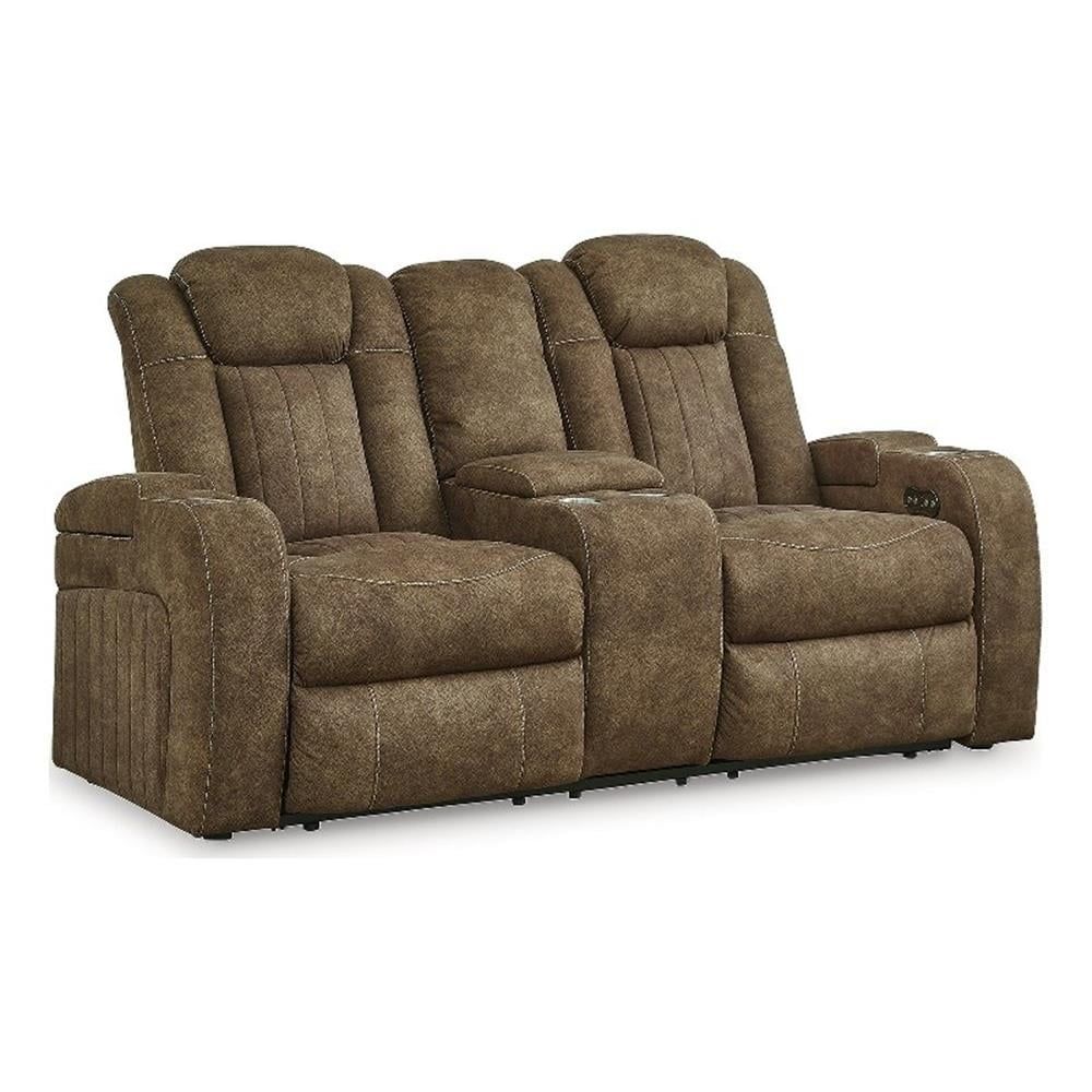 Brown Faux Leather Power Reclining Loveseat with Storage