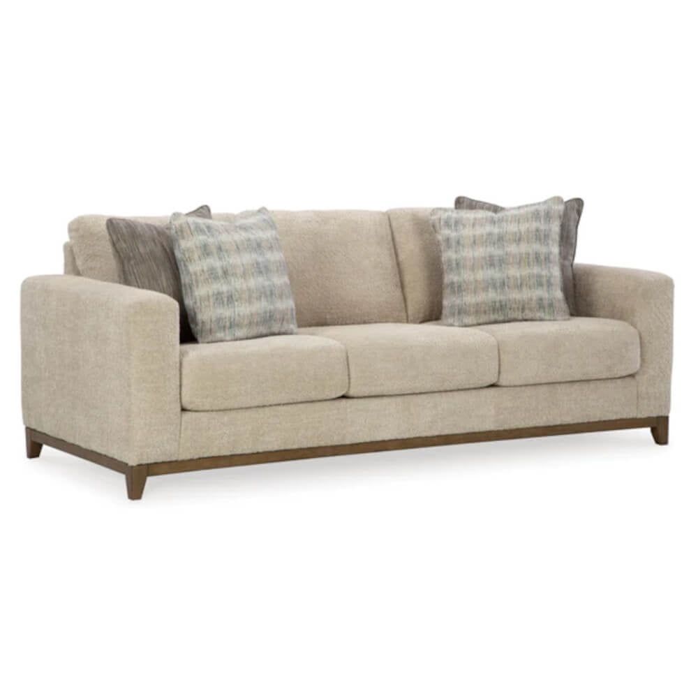 Beige Fabric Stationary Sofa with Wood Trim