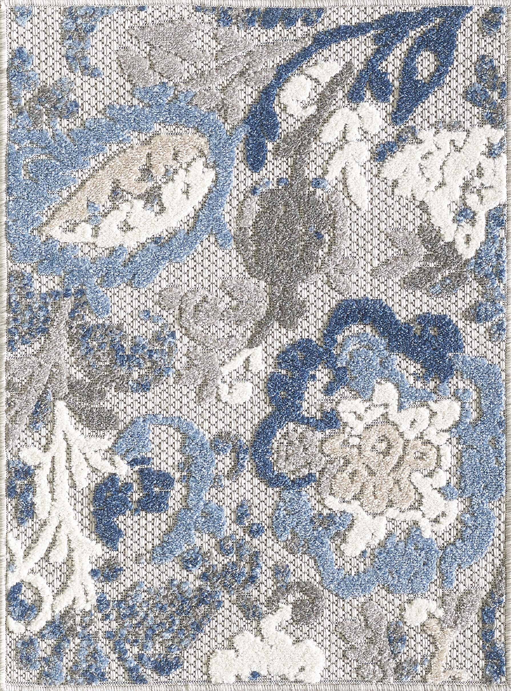 Gray and Blue Floral Synthetic Outdoor Area Rug 6'7" x 9'2"