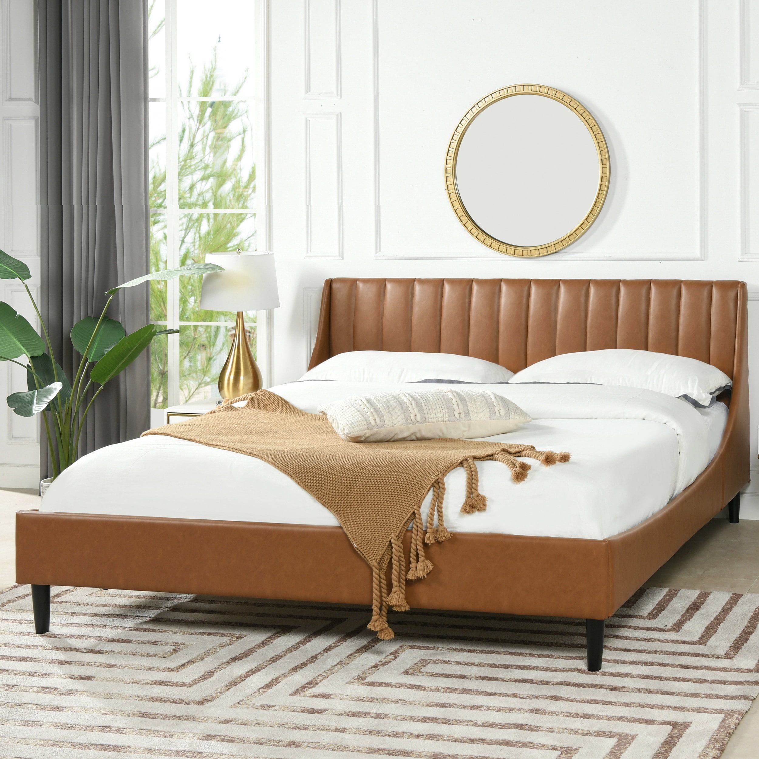 King-Size Caramel Tan Faux Leather Bed with Vertical Tufted Headboard