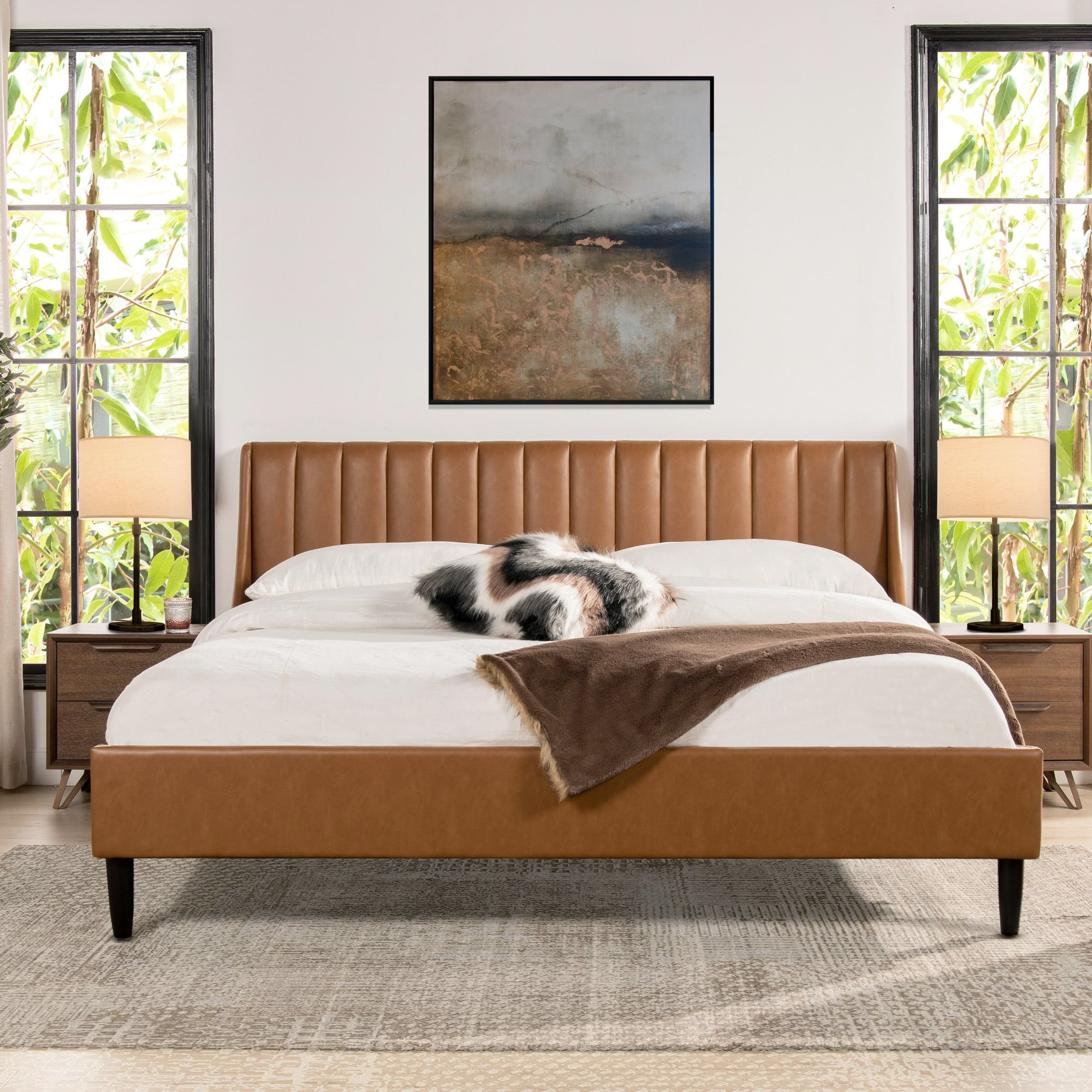 King-Size Caramel Tan Faux Leather Bed with Vertical Tufted Headboard