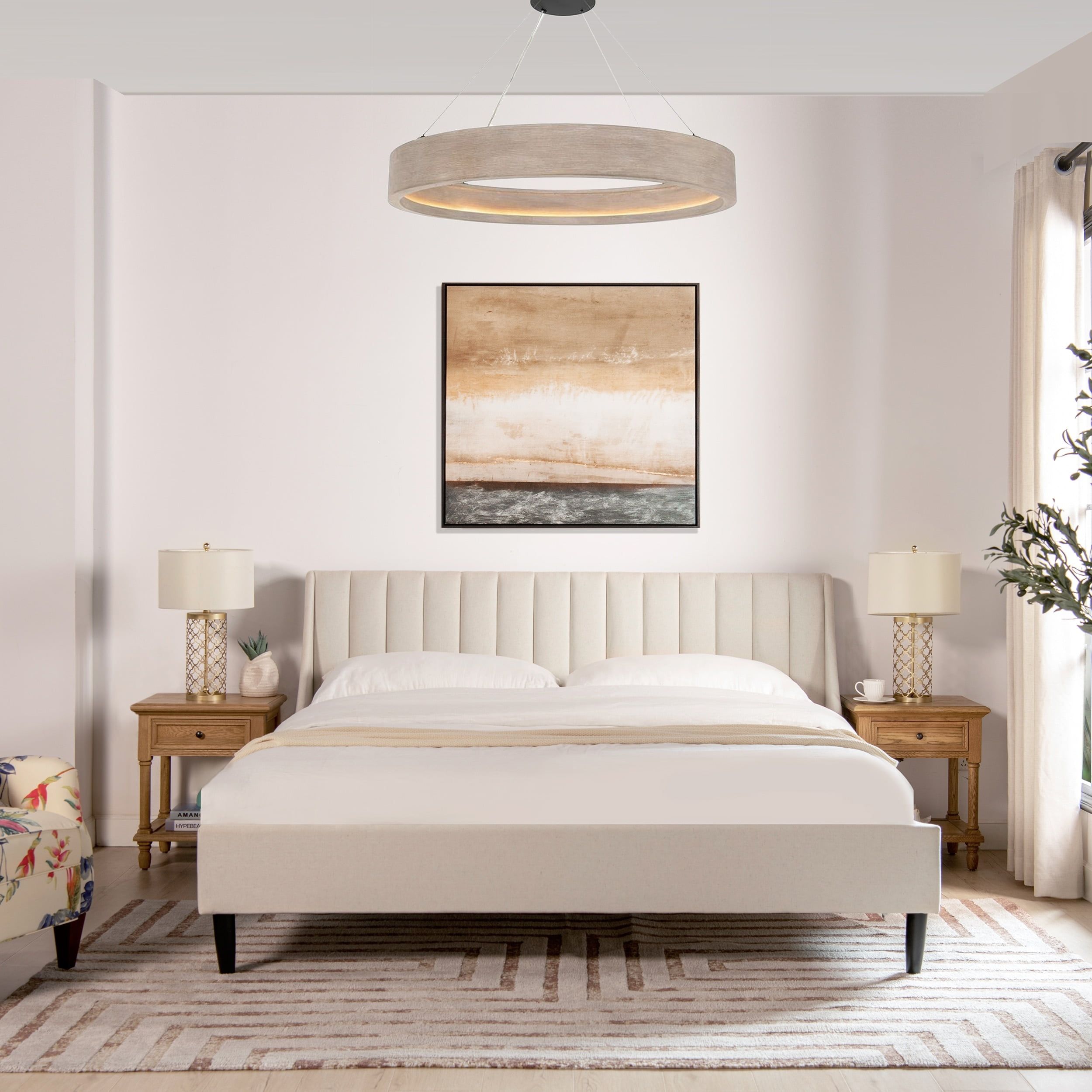 Aspen King Size Light Beige Linen Upholstered Bed with Vertical Tufting