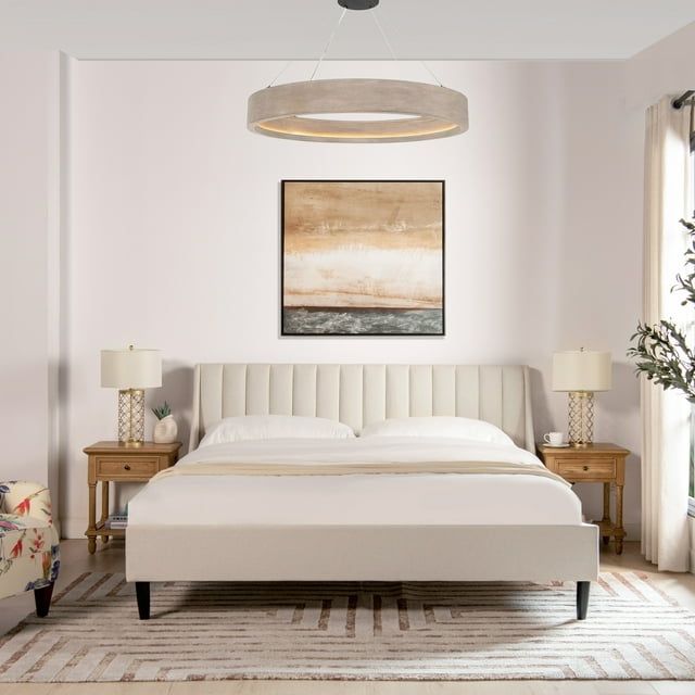 Aspen King Size Light Beige Linen Upholstered Bed with Vertical Tufting