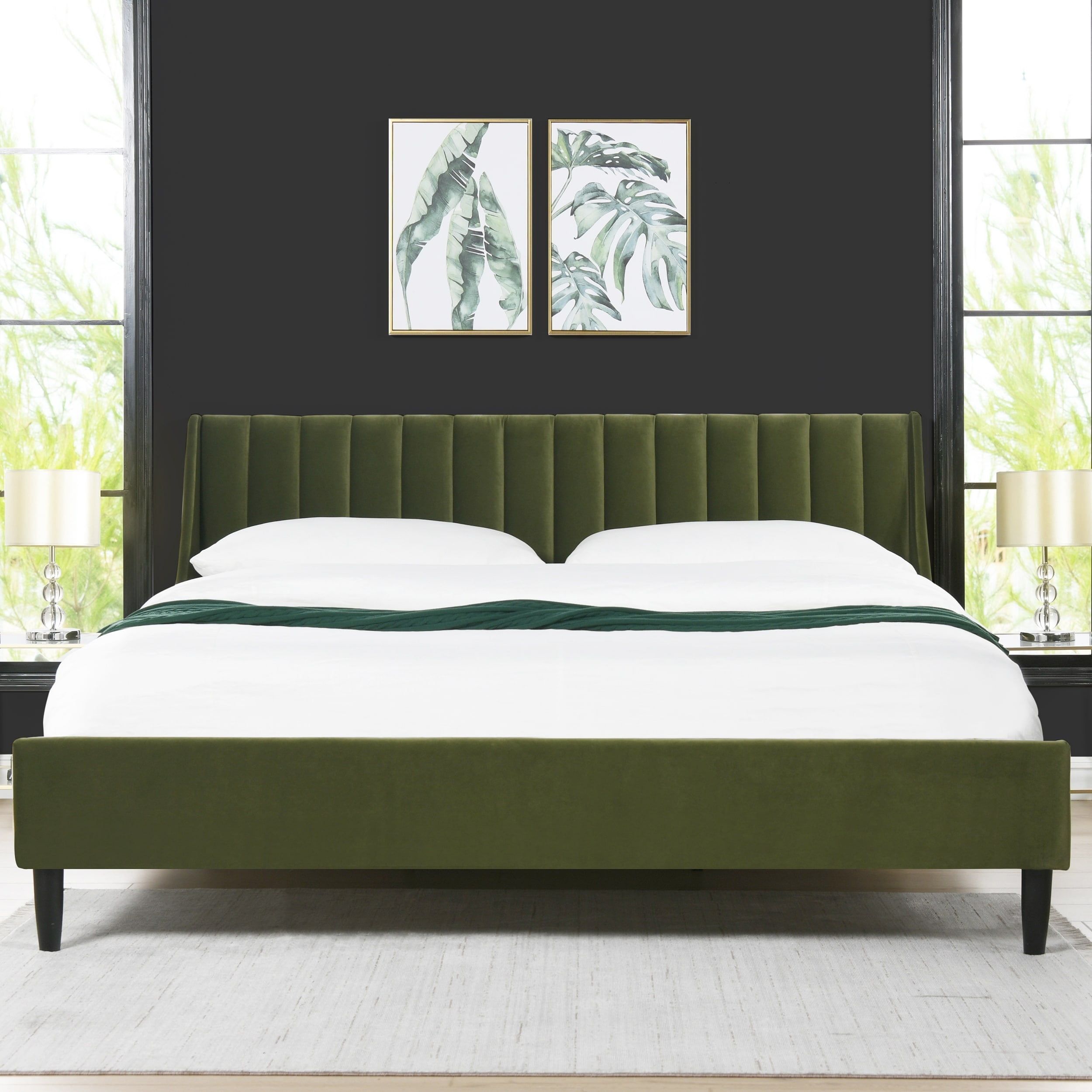 Aspen Olive Green Velvet King Platform Bed with Tufted Headboard