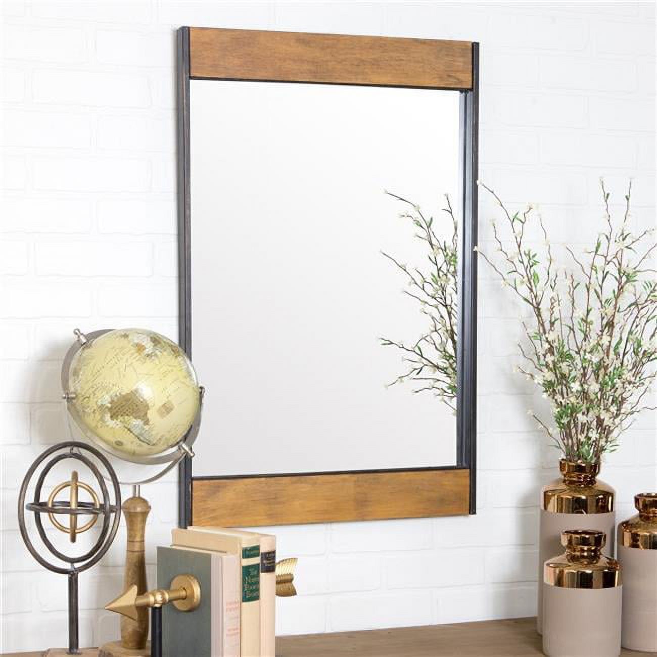 Minimalist Brown Wood and Metal Rectangular Bathroom Vanity