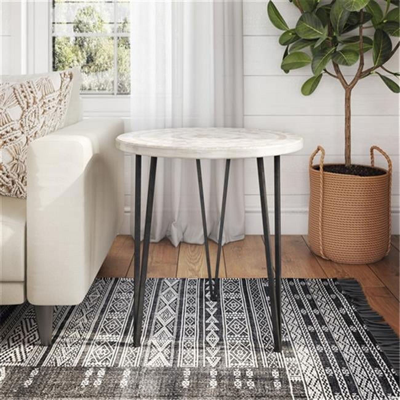 Round Beige Wood and Metal Bohemian Accent Table