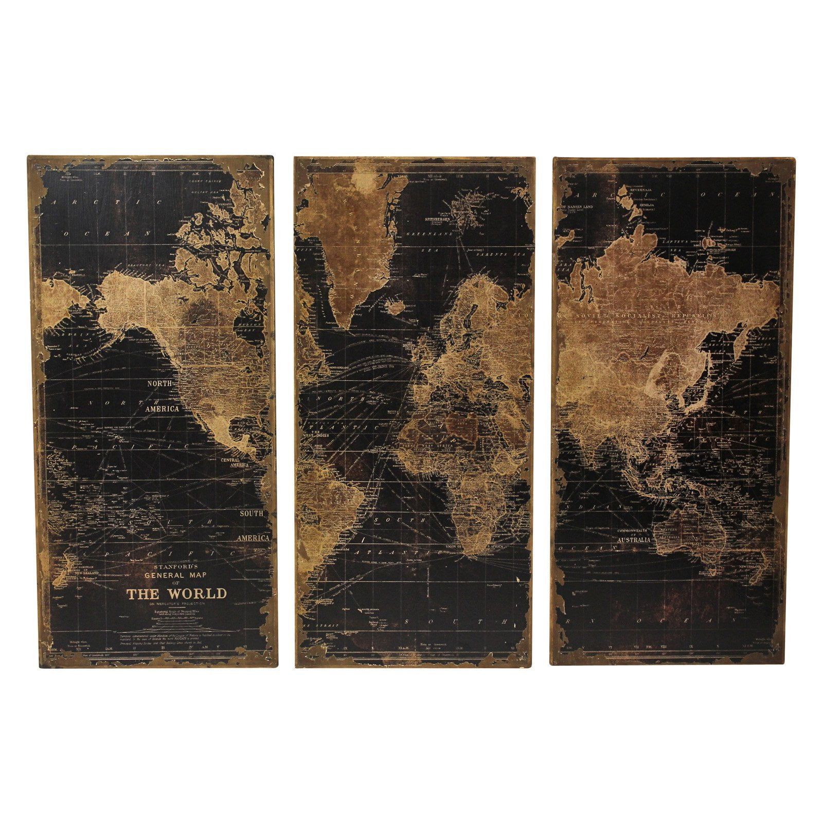 Stanford Black and Brown Vintage World Map Wood Wall Art Set