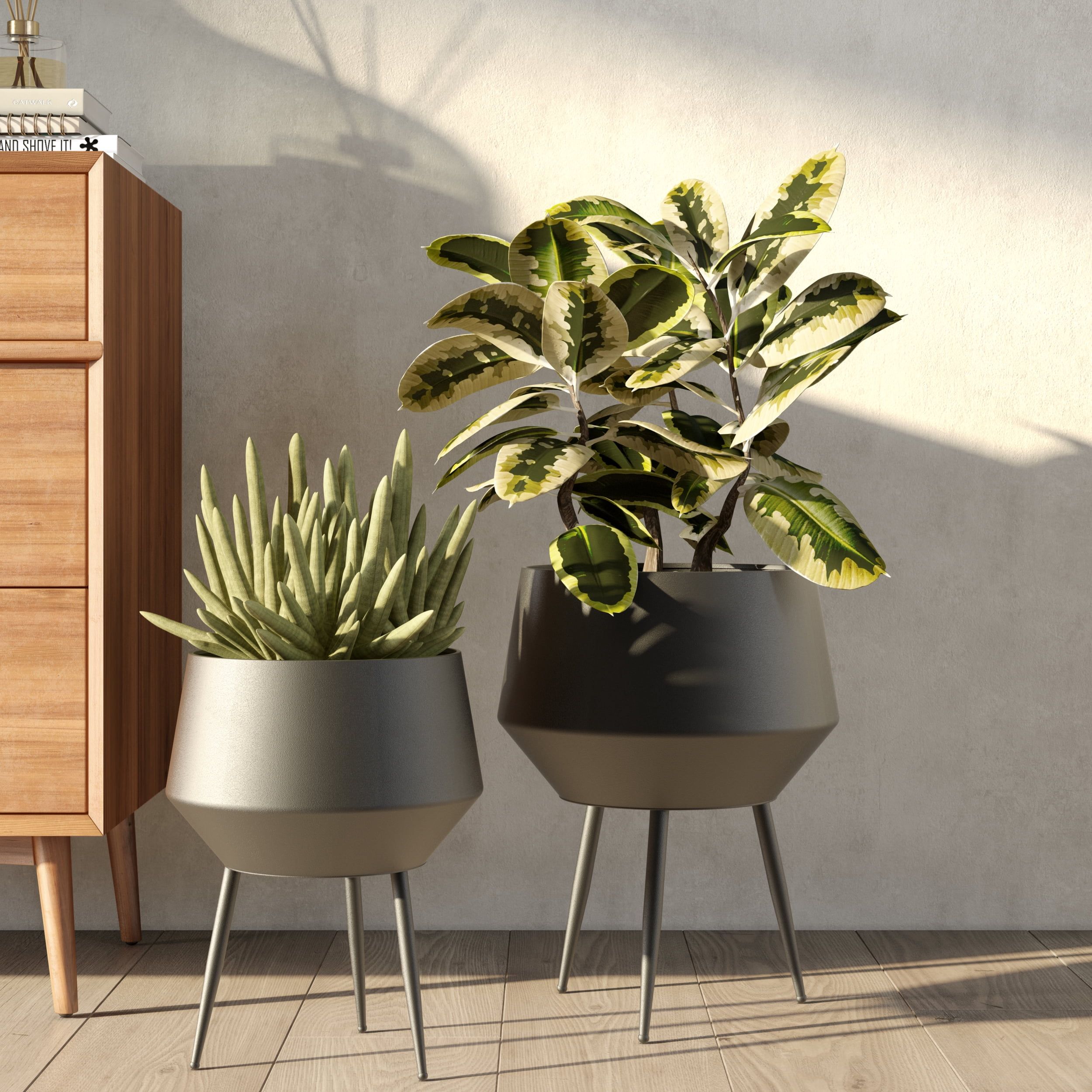 Huxley Sleek Black Metal Mid-Century Modern Planters, Set of 2