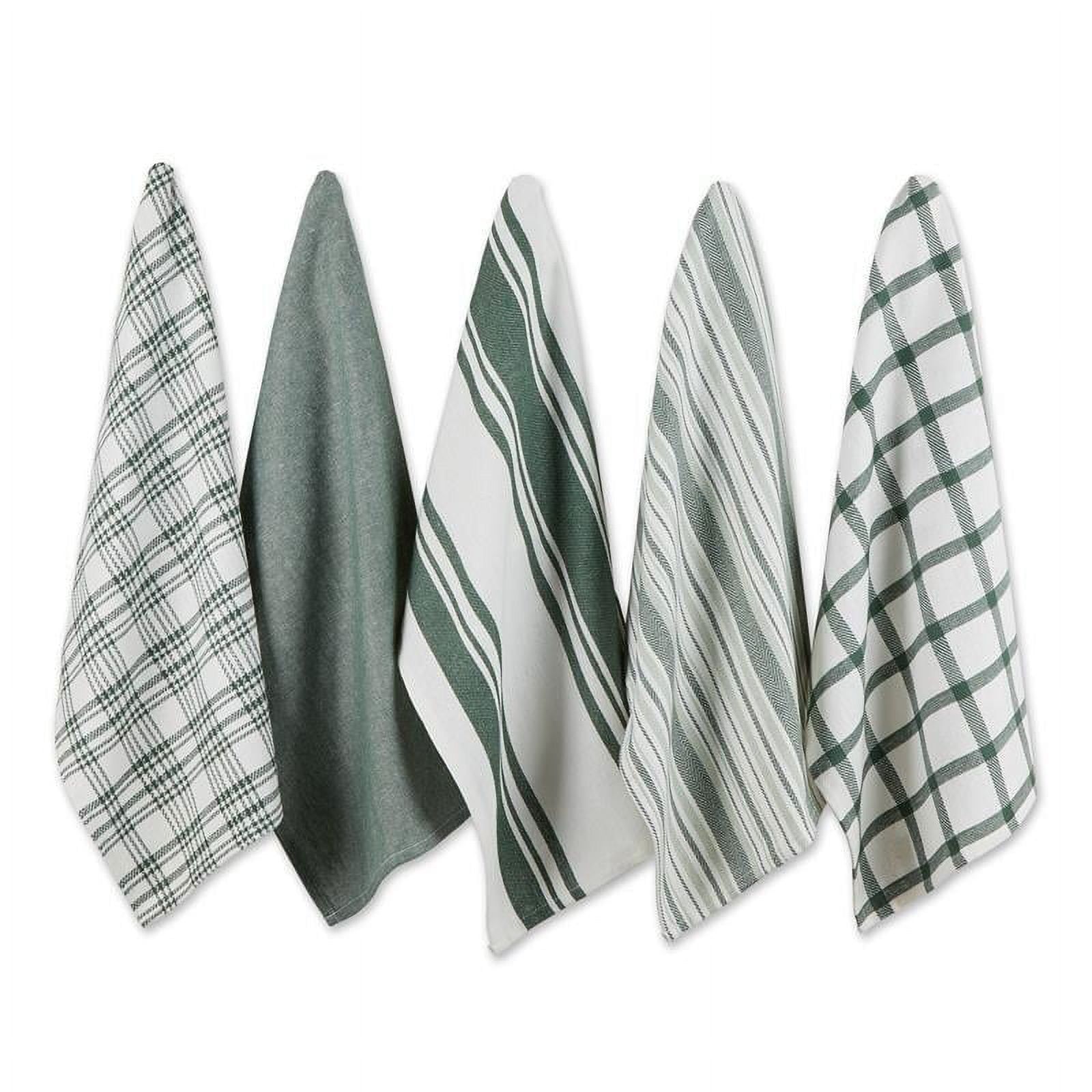 Dark Green and White Woven Cotton Dishtowel Set, 18x28, 5 Piece