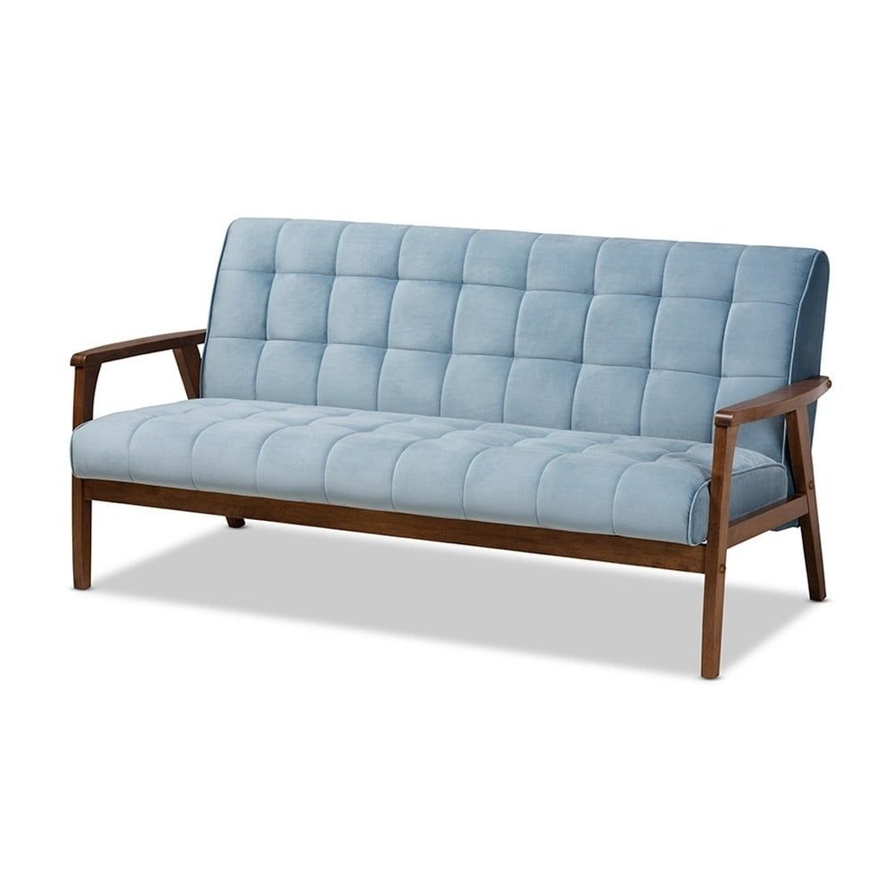 Asta Light Blue Velvet Tufted Wood Sofa